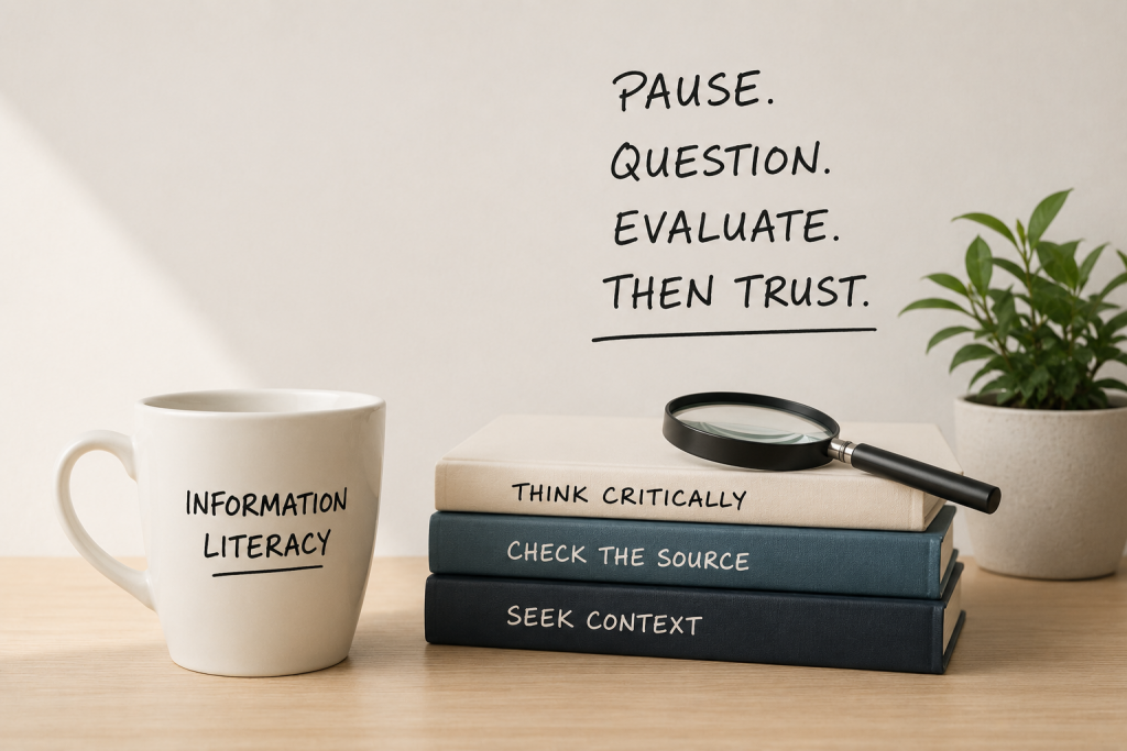 A coffee cup on a table sitting next to a stack of three books with a magnifying glass on top of them and a plant next to that.