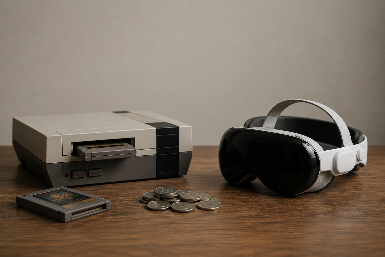 A Nintendo NES with game cartridges sits next to an Apple Vision Pro on a table. A stack of quarters sits between them.